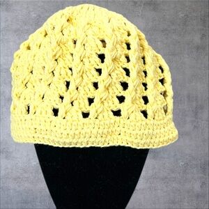Yellow crochet hat made with cotton yarn